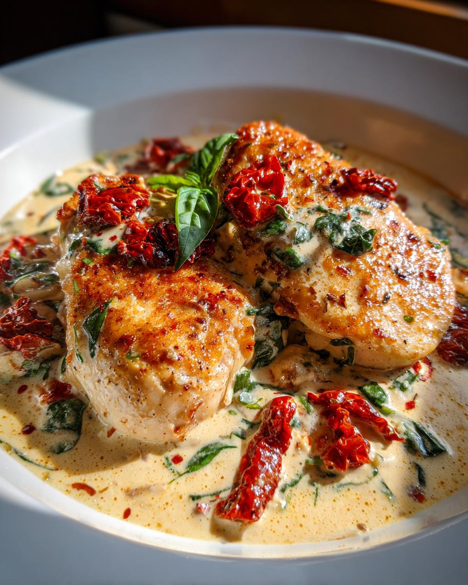 Two golden-brown chicken breasts smothered in a creamy sauce with sun-dried tomatoes and spinach, the signature Marry Me Chicken.