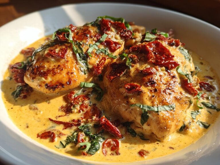 Close-up of golden-brown Marry Me Chicken breasts smothered in a rich, creamy sauce with sun-dried tomatoes and fresh basil.