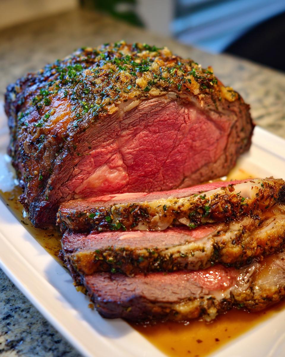 A beautifully cooked prime rib roast, sliced to show medium-rare interior and a savory herb crust.