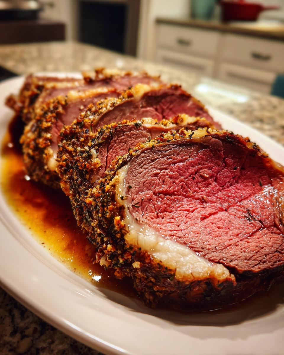 Slices of medium-rare prime rib roast resting in au jus, featuring a thick, herbed crust.