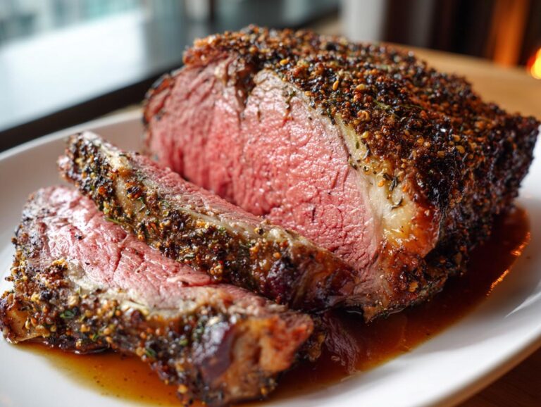 Close-up of a medium-rare prime rib roast, sliced to show the juicy pink interior and thick, seasoned herb crust.