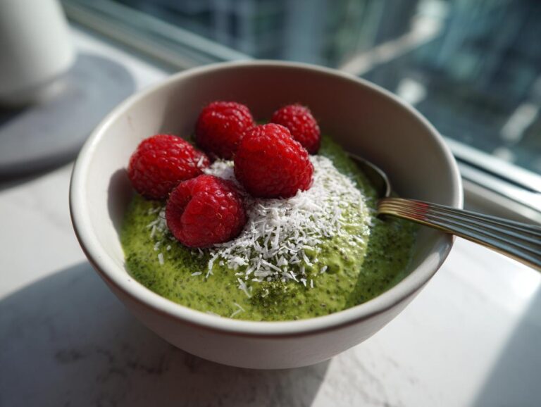 A bowl of bright green matcha chia pudding topped with fresh raspberries and shredded coconut.