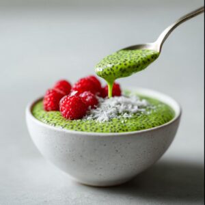 A spoonful of vibrant green matcha chia pudding dripping back into a bowl topped with fresh raspberries and shredded coconut.