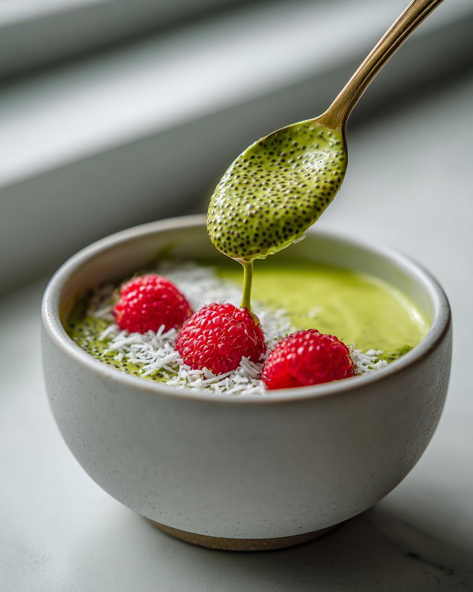 A spoonful of green matcha chia pudding dripping into a bowl topped with raspberries and coconut flakes.