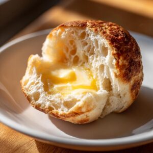 Close-up of a toasted english muffin half, split open with melting butter pooled inside.