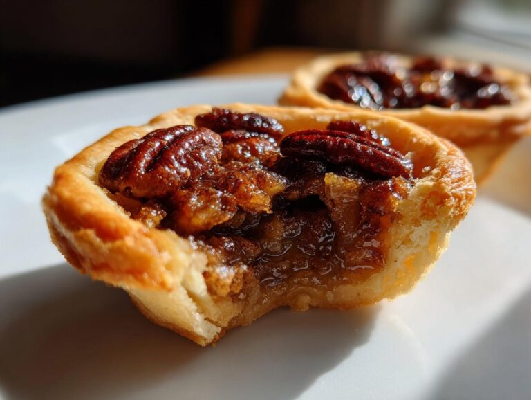 Close-up of a delicious mini pecan pie with a bite taken out, showing the gooey filling and pecan topping.