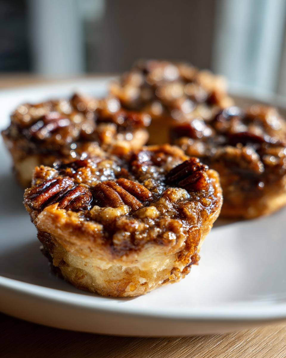 Close-up of a freshly baked, gooey mini pecan pie topped with whole pecans, sitting on a white plate.