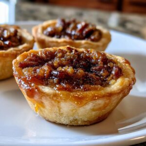 A close-up of one freshly baked mini pecan pie with a gooey, caramelized pecan filling on a white plate.