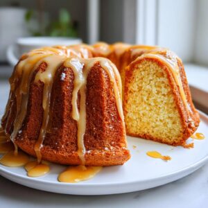 A moist Bacardi Rum Cake, shaped like a bundt cake, generously drizzled with thick caramel sauce, with one slice cut out.