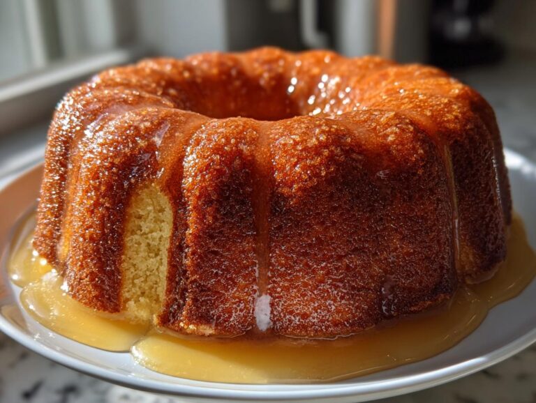 A whole, glazed Bacardi Rum Cake sitting on a white plate with extra syrup pooling around the base.