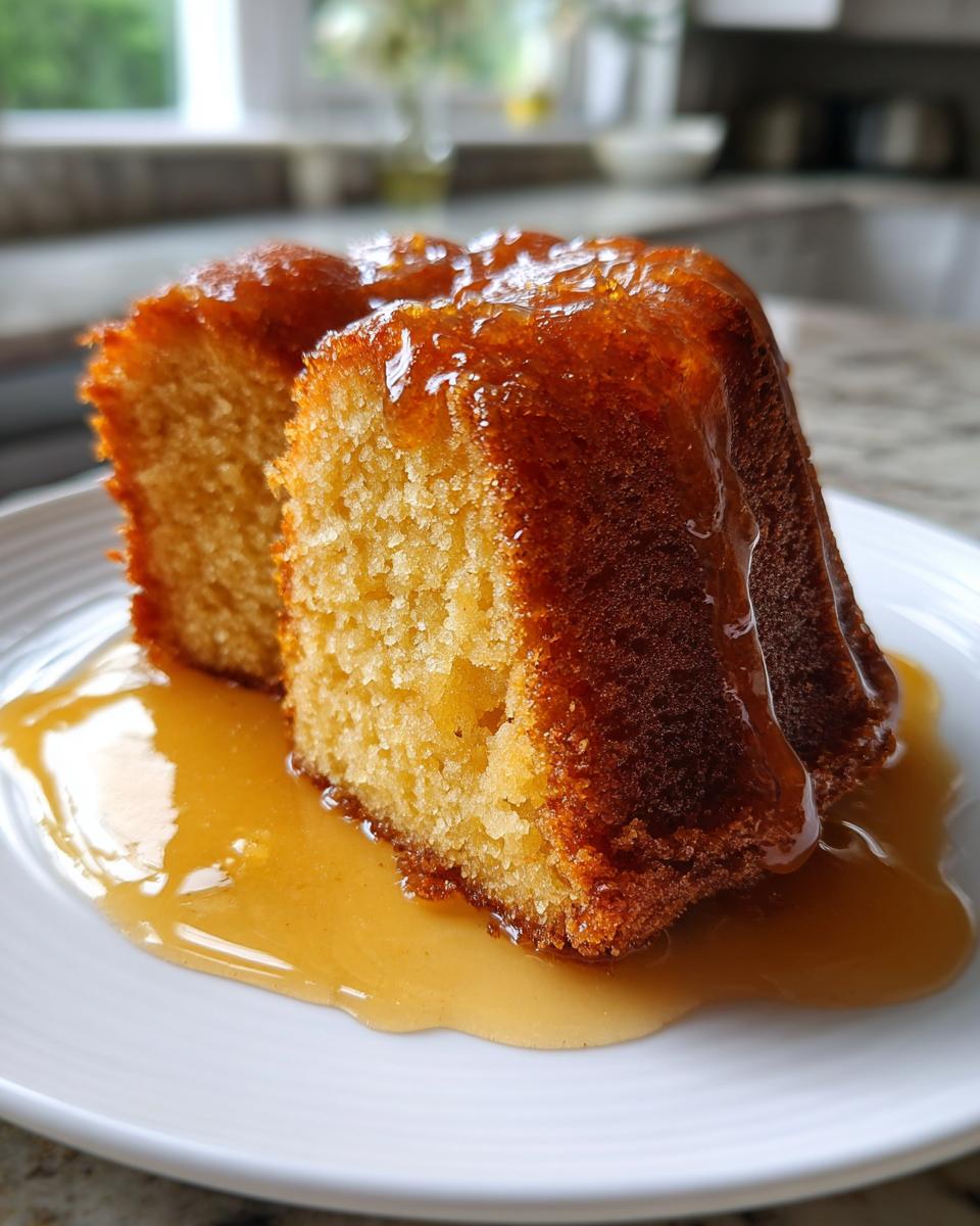 Two slices of moist Bacardi rum cake drizzled generously with a shiny rum glaze, served on a white plate.