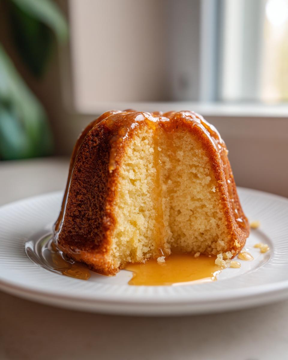 Close-up of a slice of moist Bacardi rum cake on a white plate, dripping with golden rum glaze.