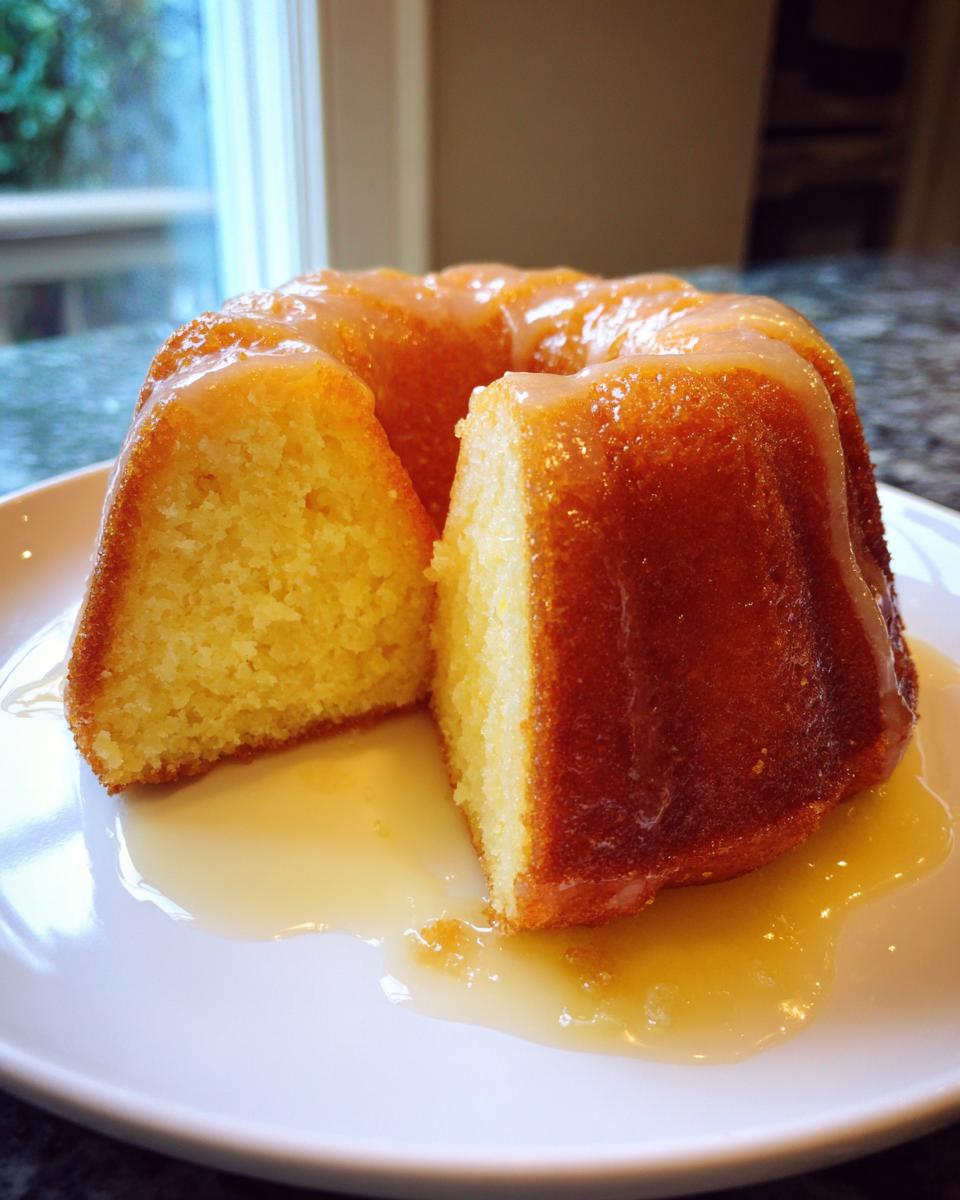 A moist Bacardi Rum Cake, glazed and sitting on a white plate with one slice cut out, showing the rich interior.