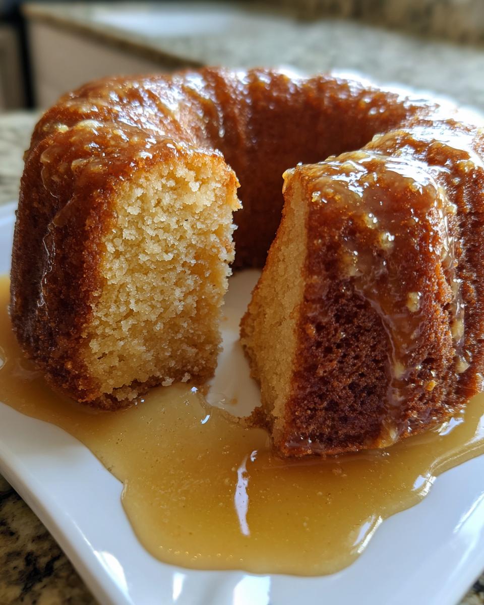 A slice cut from a moist Bacardi Rum Cake, generously drizzled with a thick rum glaze.