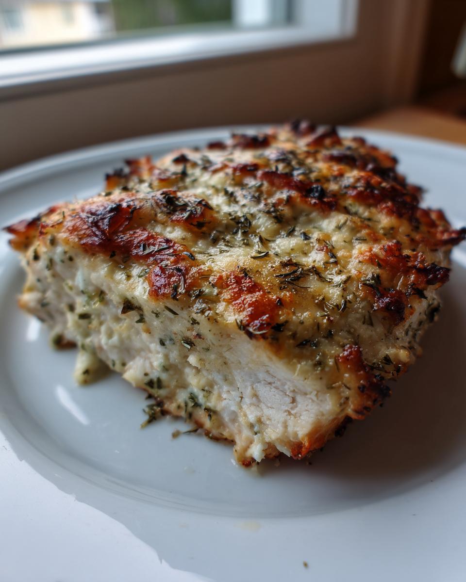 Cross-section of a juicy baked ranch chicken breast topped with melted cheese and herbs.