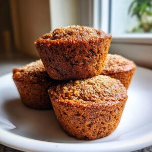 A close-up stack of three perfectly baked, moist bran muffins topped with sugar crystals on a white plate.
