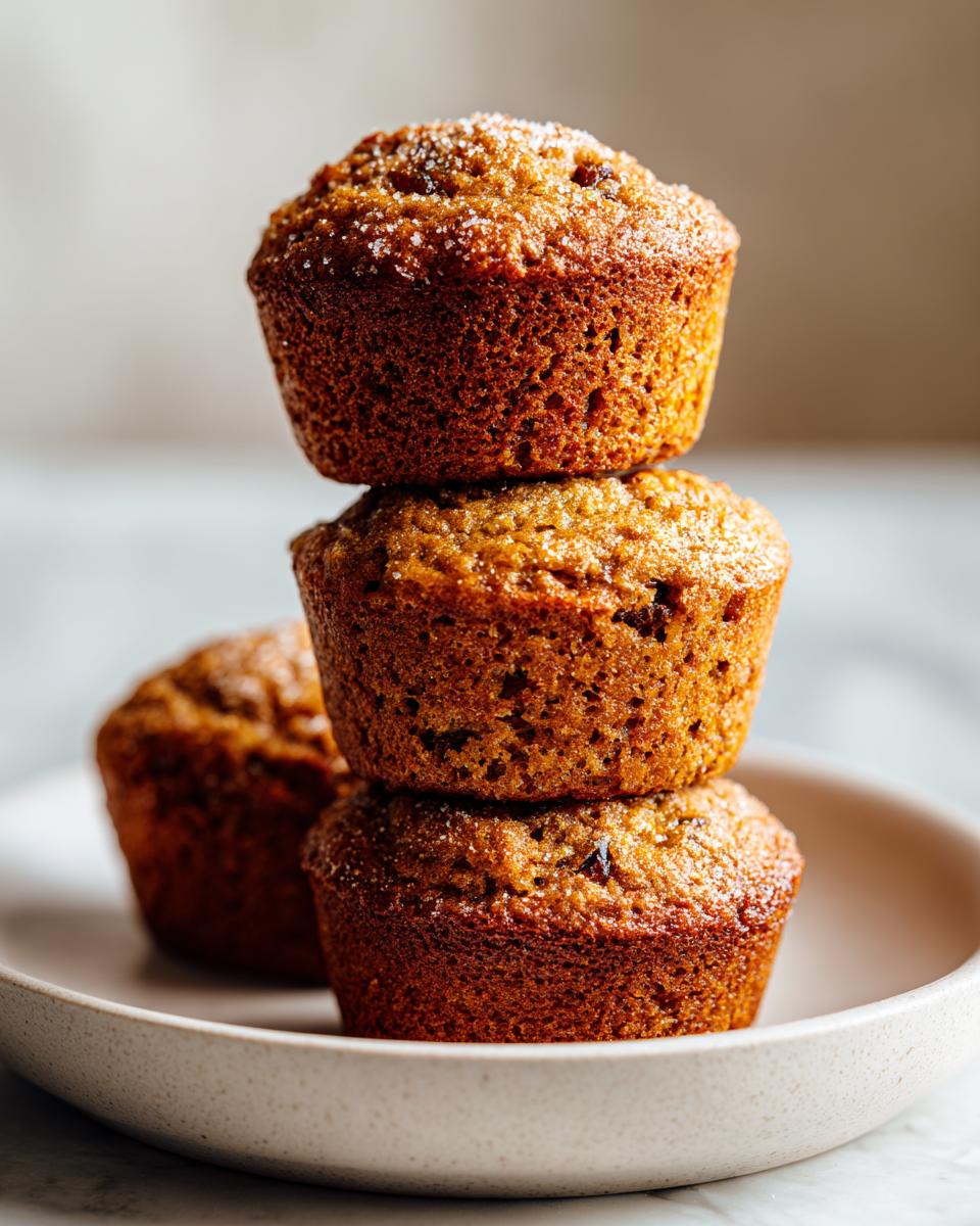 A stack of three golden brown, moist bran muffins topped with coarse sugar, sitting on a light ceramic plate.