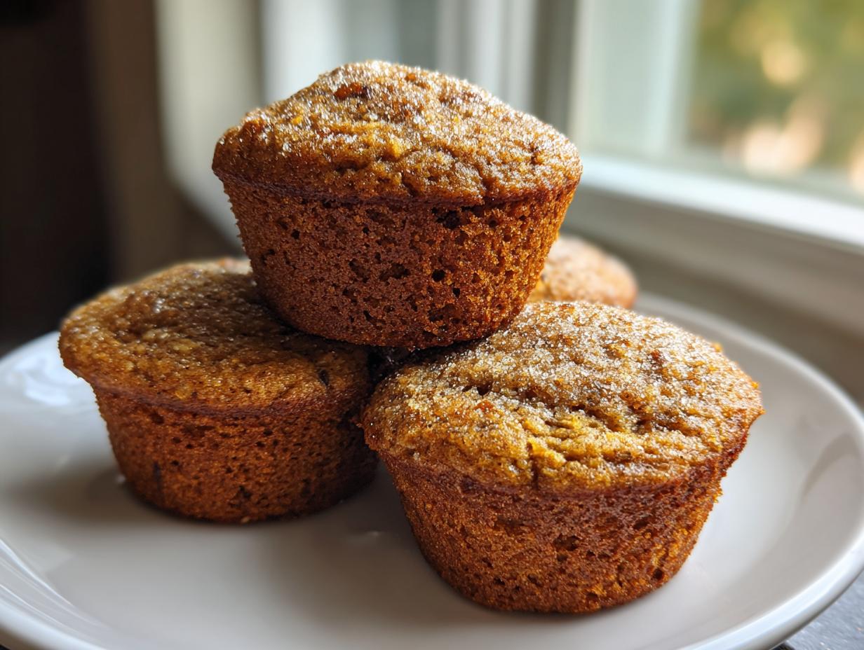 A stack of three moist bran muffins, lightly sprinkled with sugar, resting on a white plate near a window.