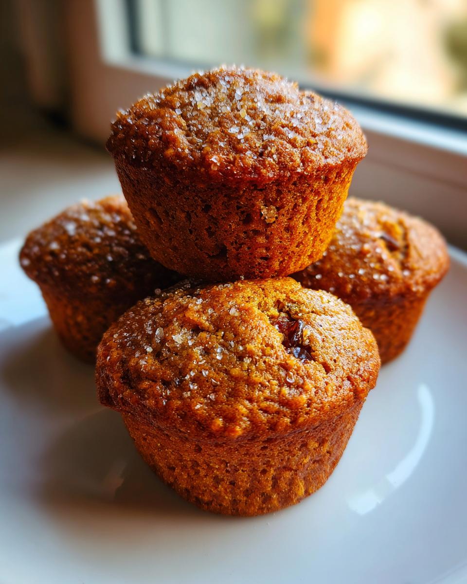 A stack of four moist bran muffins topped with coarse sugar crystals, sitting on a white plate.