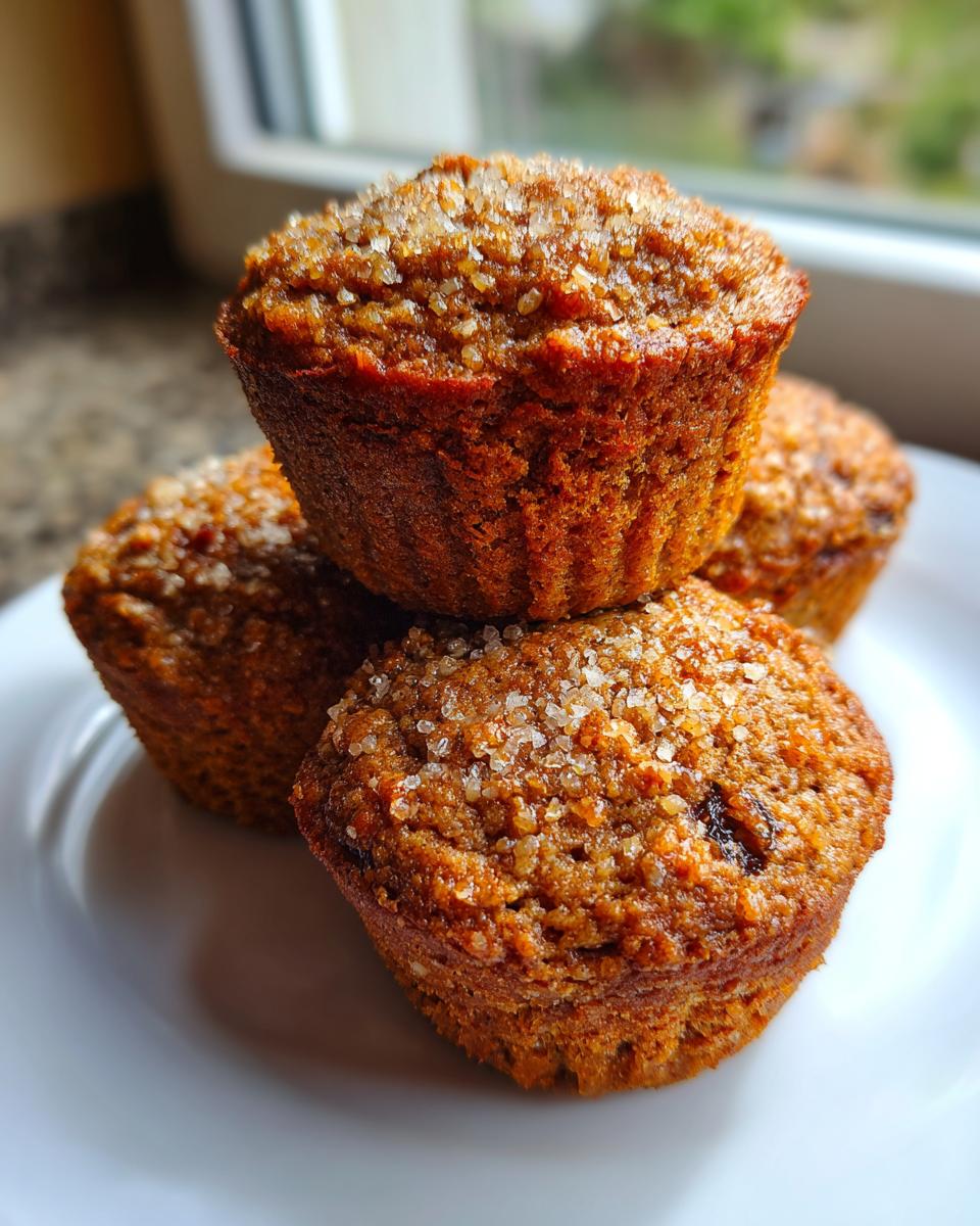A stack of three moist bran muffins topped with coarse sparkling sugar, sitting on a white plate.