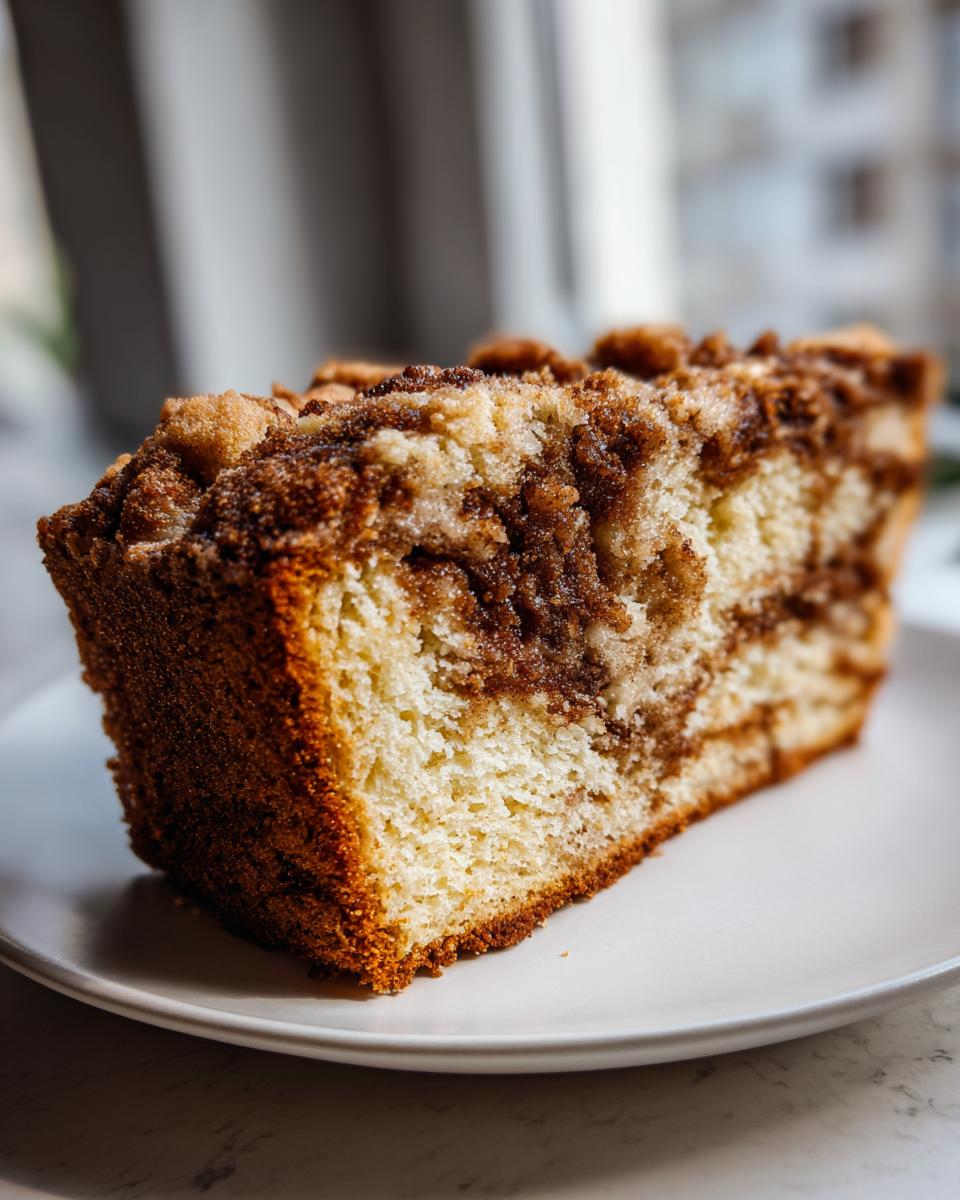Close-up of a moist slice of coffee cake showing a rich cinnamon swirl and crumb topping.