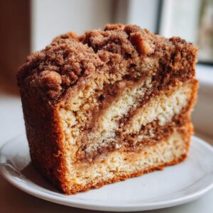 Close-up of a moist slice of coffee cake featuring a thick cinnamon swirl and crumb topping on a white plate.