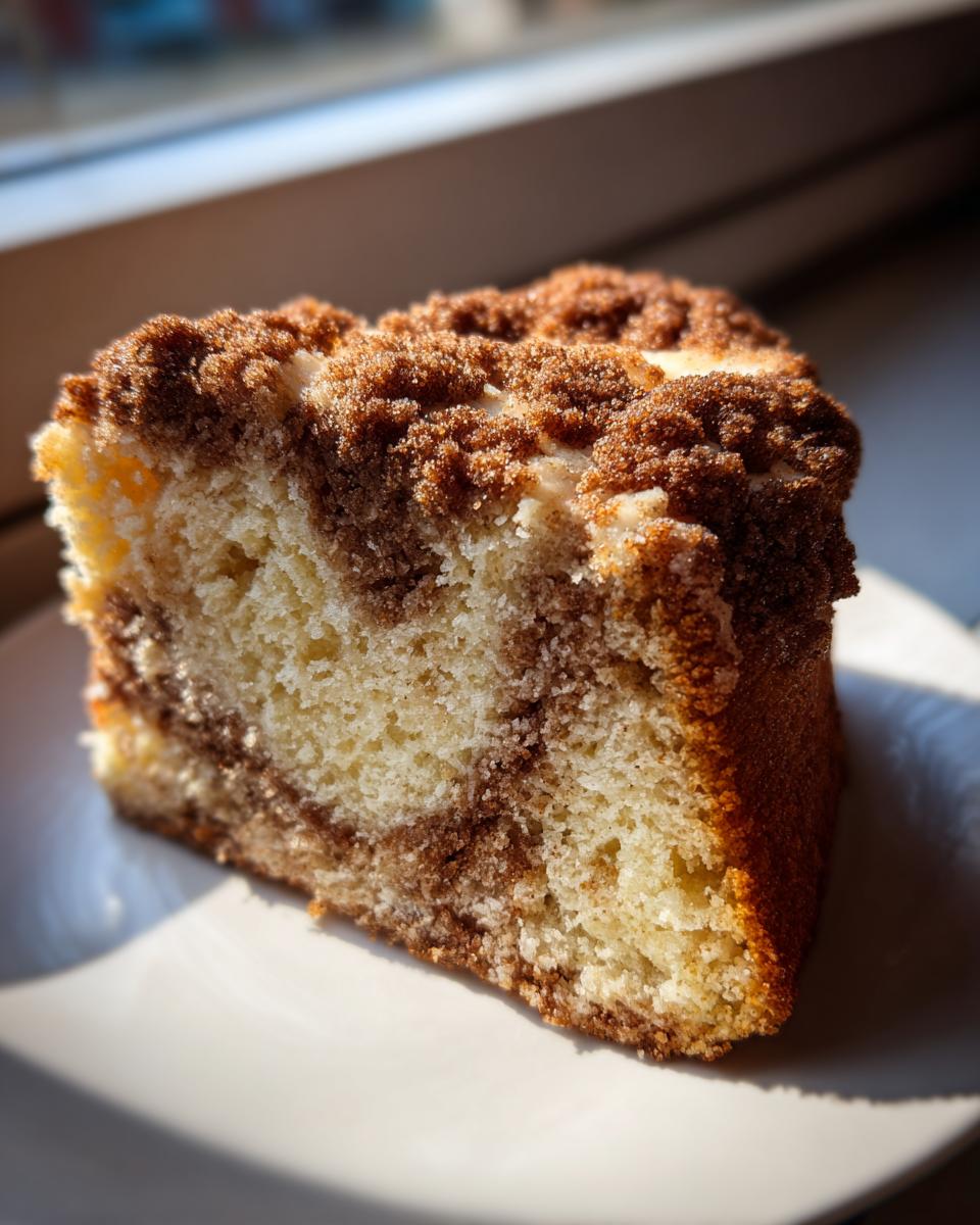 Close-up of a moist slice of coffee cake with a thick cinnamon streusel topping on a white plate.