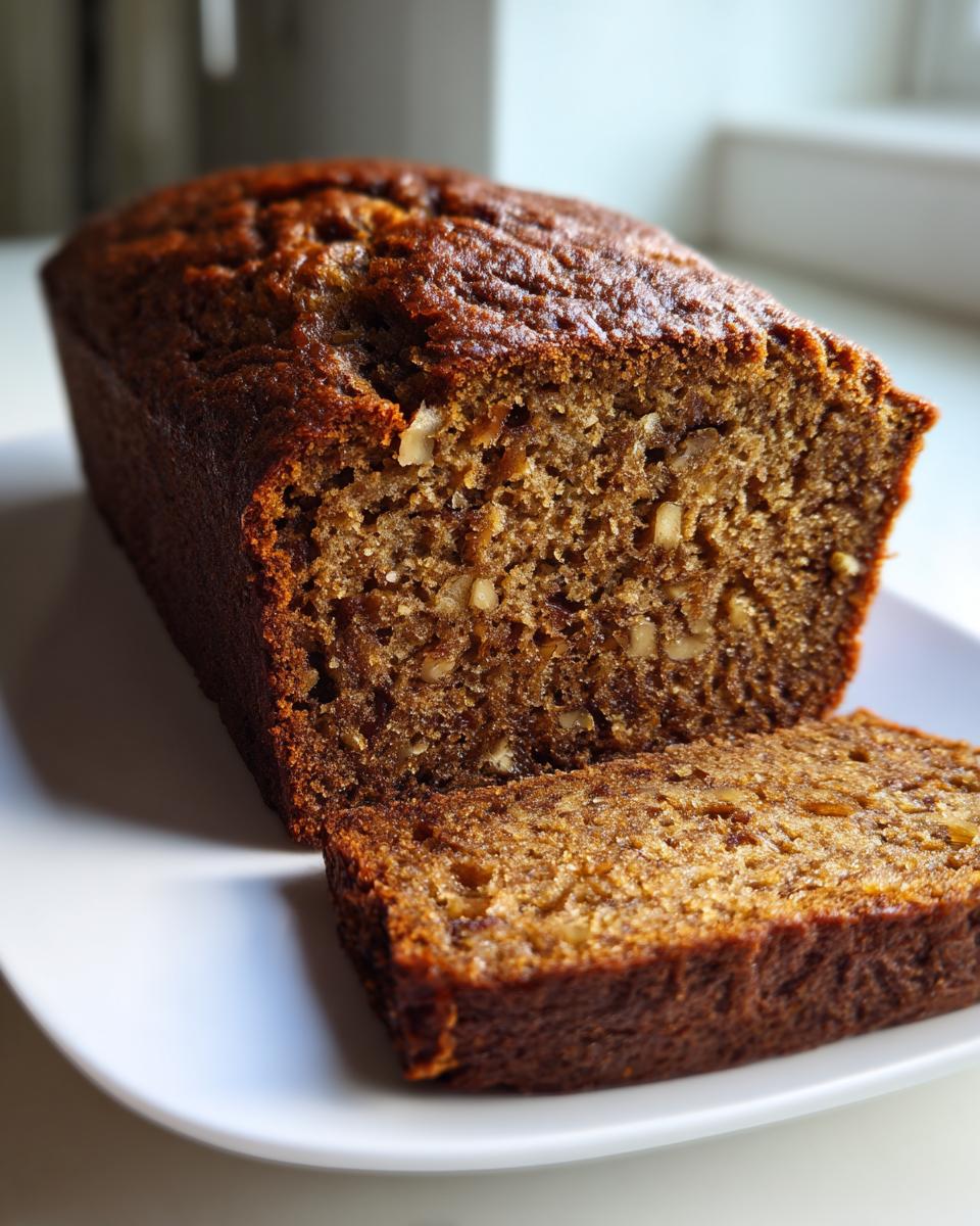 Close-up of a moist date nut bread loaf with one slice cut and resting against the main loaf on a white plate.