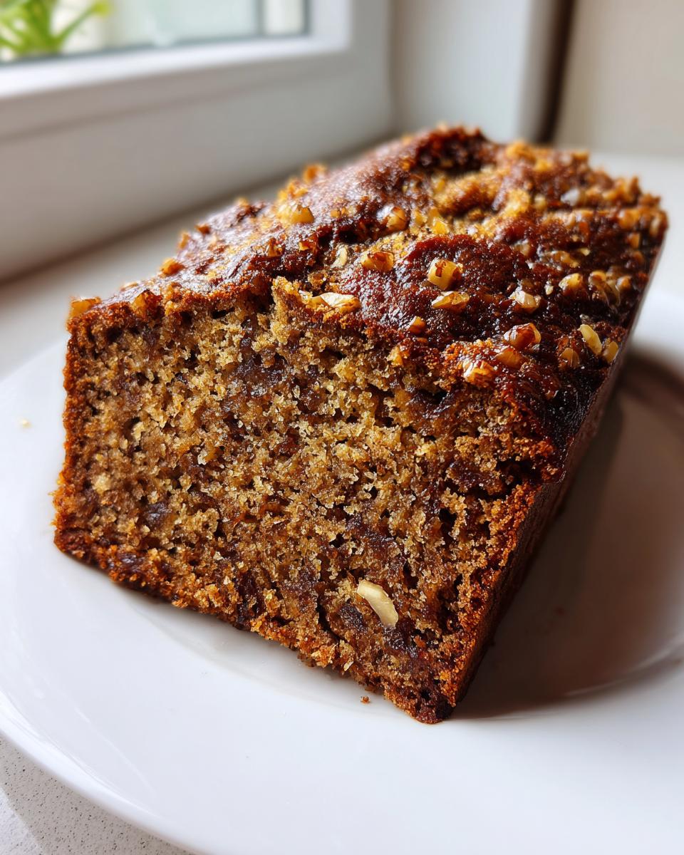 Close-up of a thick, moist slice of date nut bread topped with chopped walnuts, served on a white plate.
