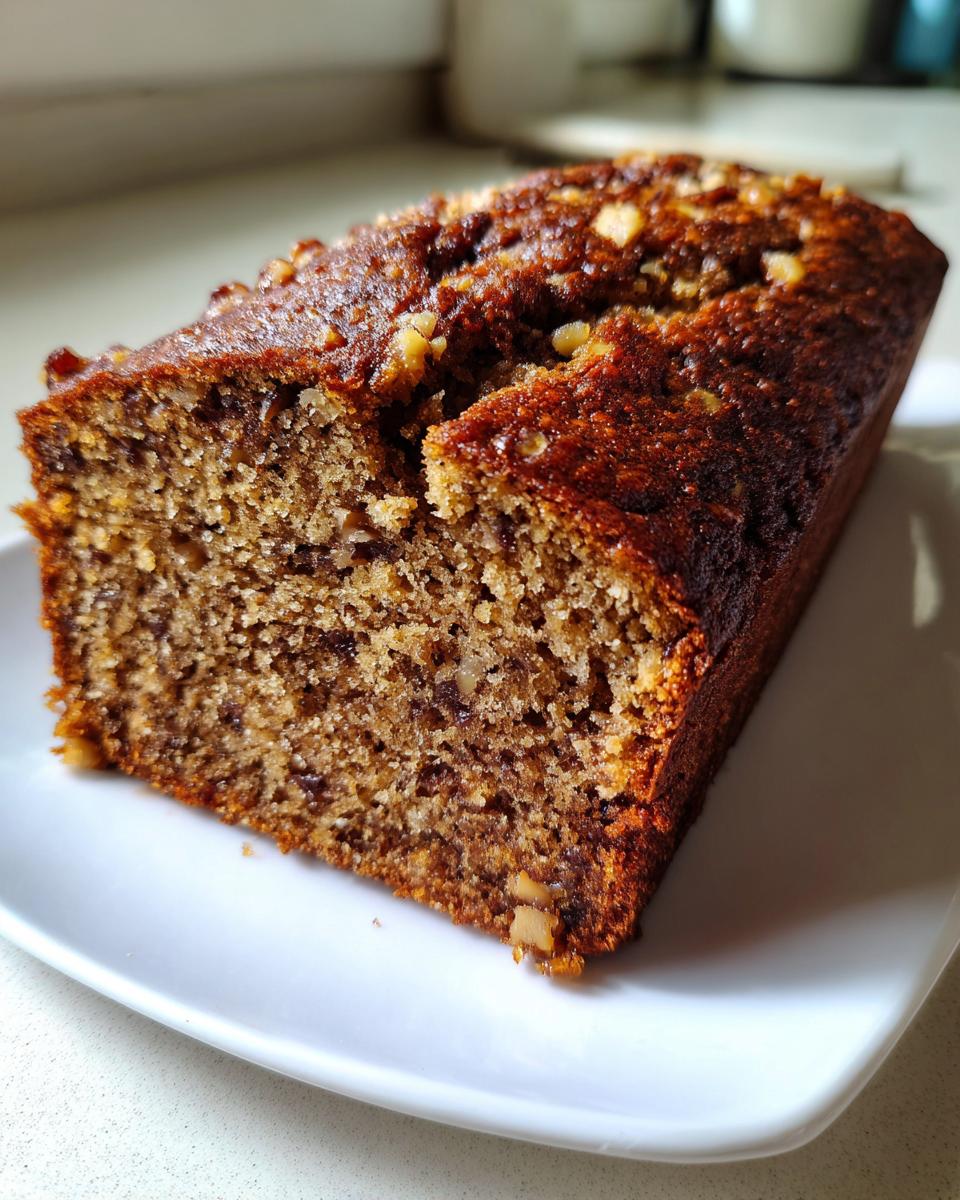 A close-up of a freshly baked, moist slice of date nut bread topped with walnuts on a white plate.