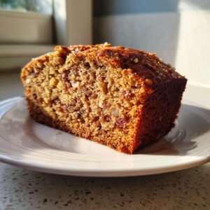 Close-up of a moist slice of date nut bread, showing visible nuts and a rich brown crumb, bathed in sunlight.
