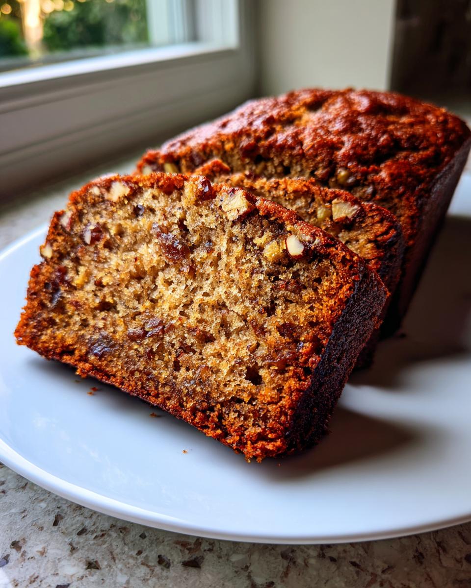Close-up of moist date nut bread, sliced and showing visible nuts and dates inside, served on a white plate.