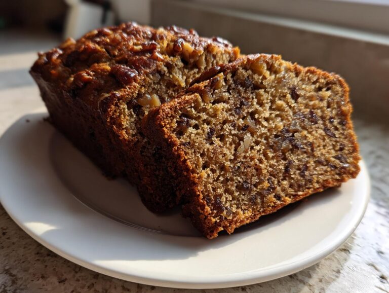 Two thick slices of moist date nut bread, showing visible nuts and dates, resting against the loaf on a white plate.