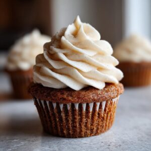 Close-up of a moist gingerbread cupcakes topped with a swirl of cream cheese frosting sprinkled with spice.