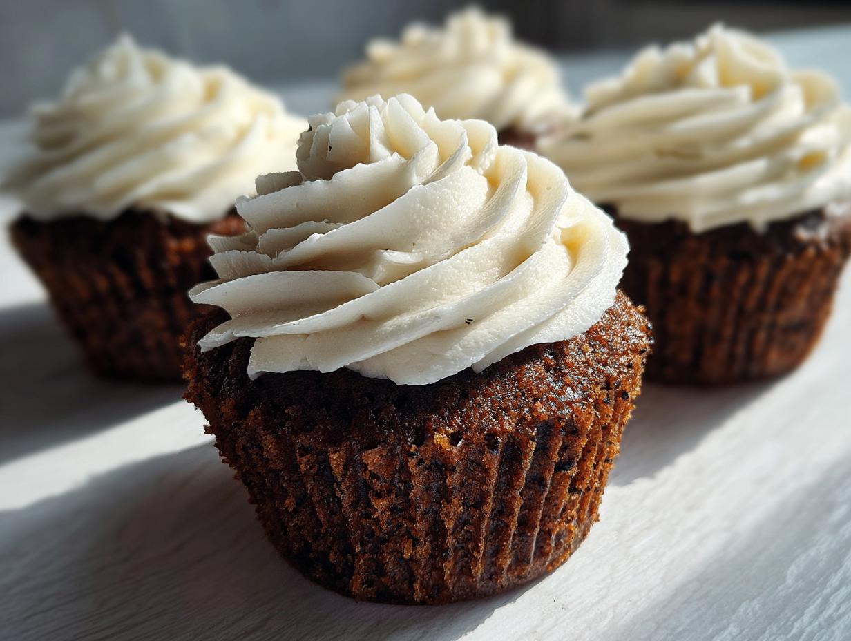 Close-up of a moist gingerbread cupcake topped with a swirl of white cream cheese frosting.