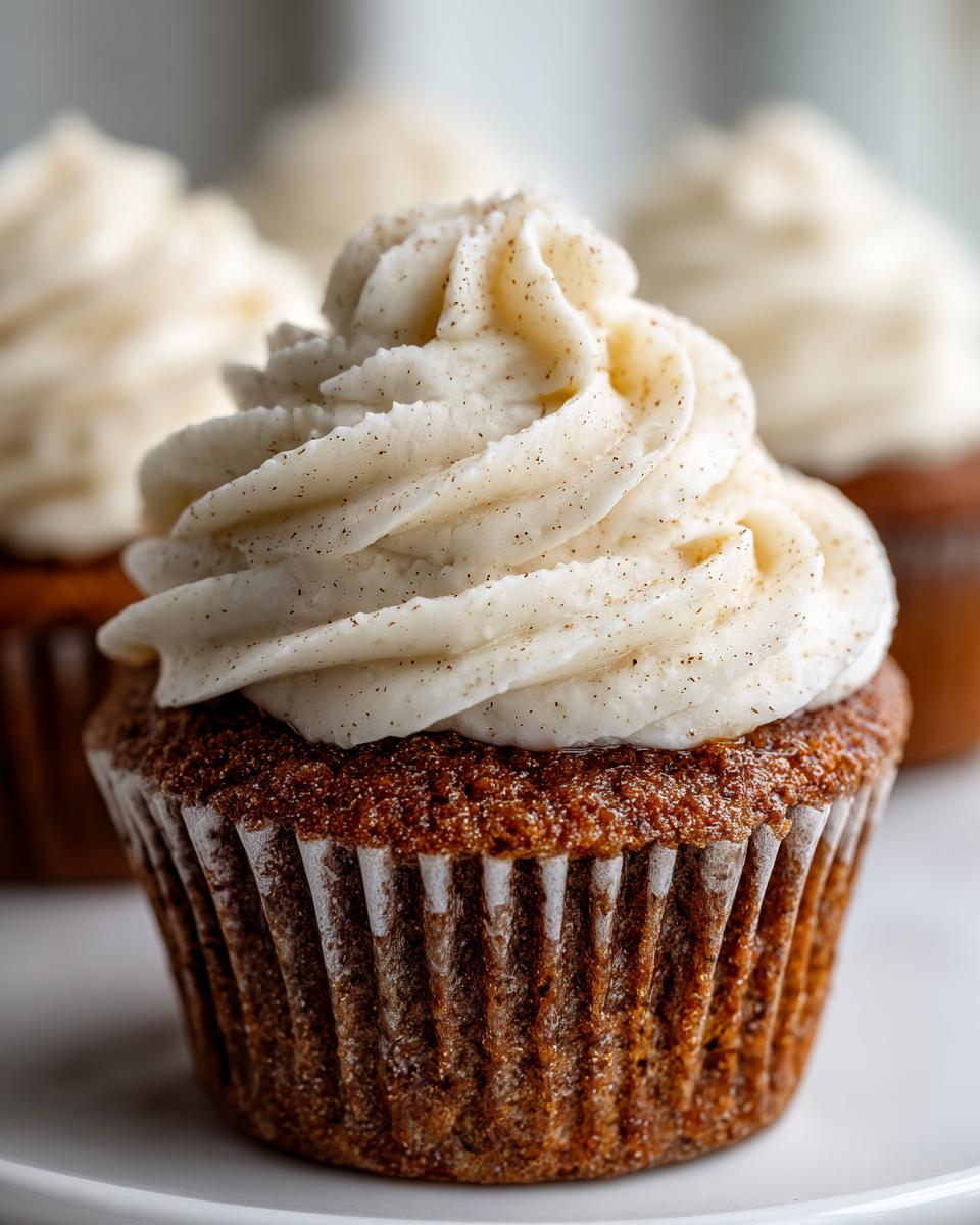 Close-up of a moist gingerbread cupcakes topped with swirls of vanilla-flecked cream cheese frosting.