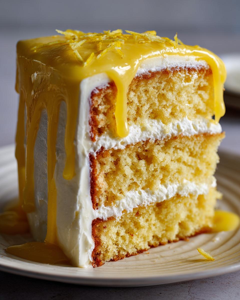 Close-up of a moist, two-layer lemon cake recipe slice with white frosting and dripping lemon glaze.
