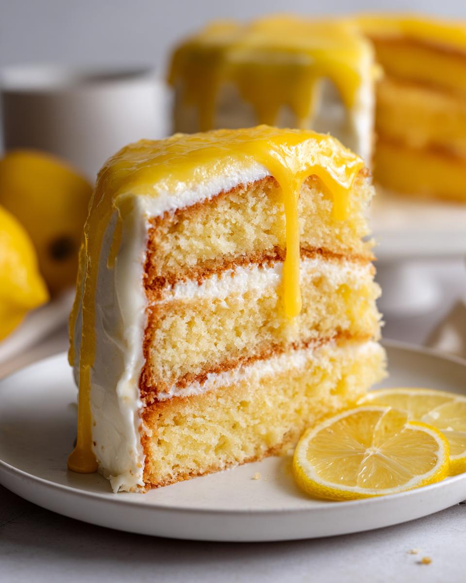 Close-up of a moist, three-layer lemon cake recipe slice topped with white frosting and dripping lemon glaze.