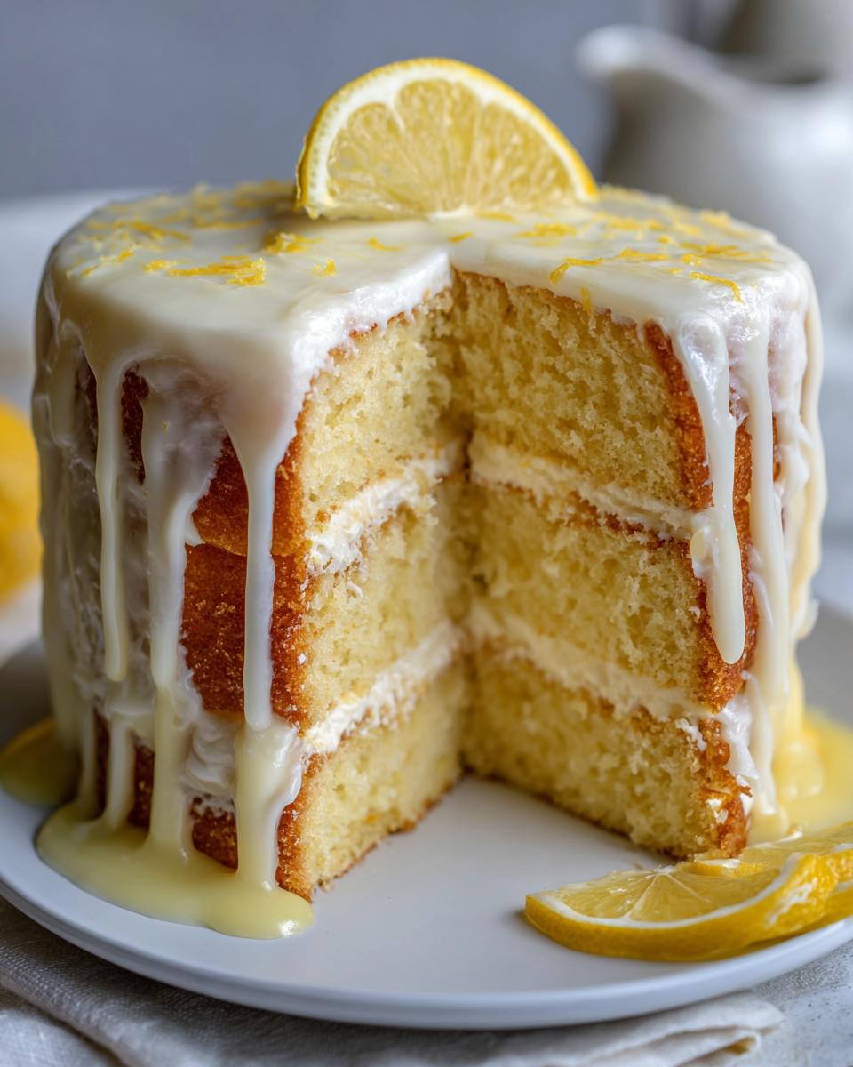 A slice cut from a moist lemon cake recipe, featuring layers, white lemon glaze dripping down, and a lemon slice garnish.