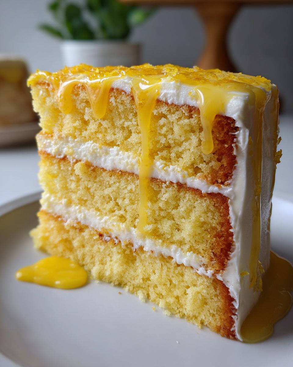 Close-up of a moist, three-layer lemon cake recipe slice topped with white frosting and dripping lemon glaze.