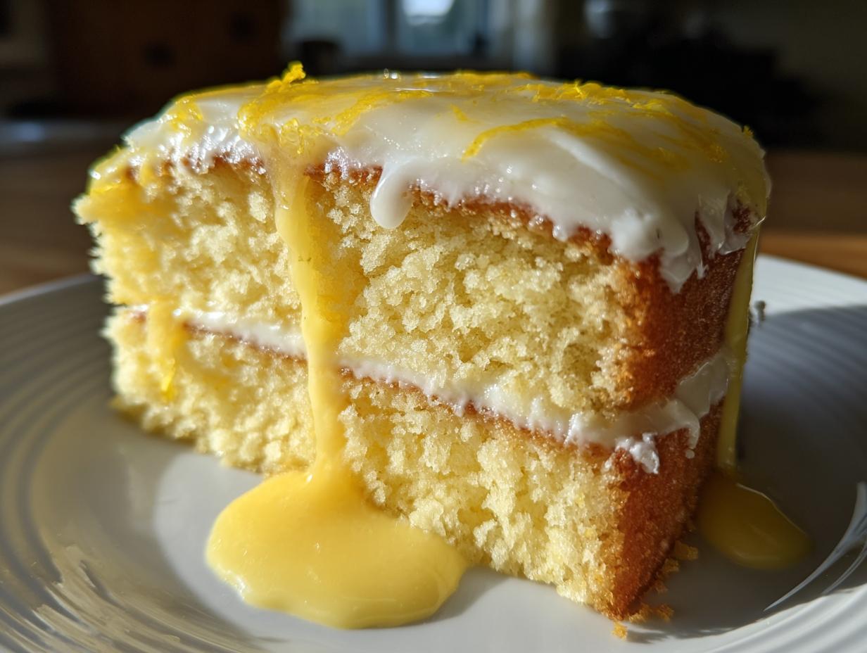 Close-up of a moist slice of lemon cake recipe, topped with white glaze and lemon zest, dripping with lemon curd.