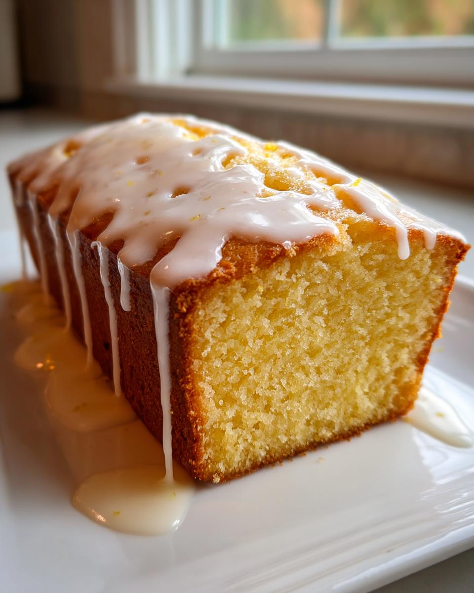 Close-up of a moist lemon loaf cake drizzled thickly with white citrus glaze.
