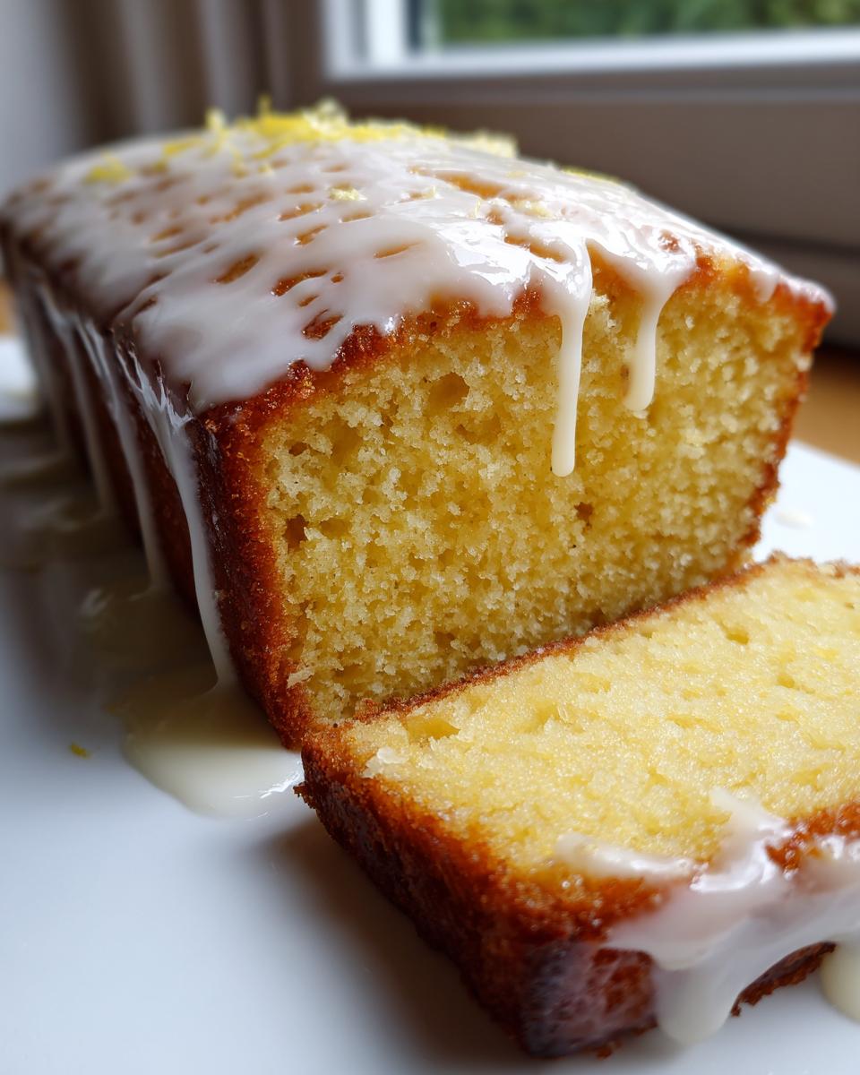 Close-up of a moist lemon loaf cake with thick white lemon glaze dripping down the sides and lemon zest on top.