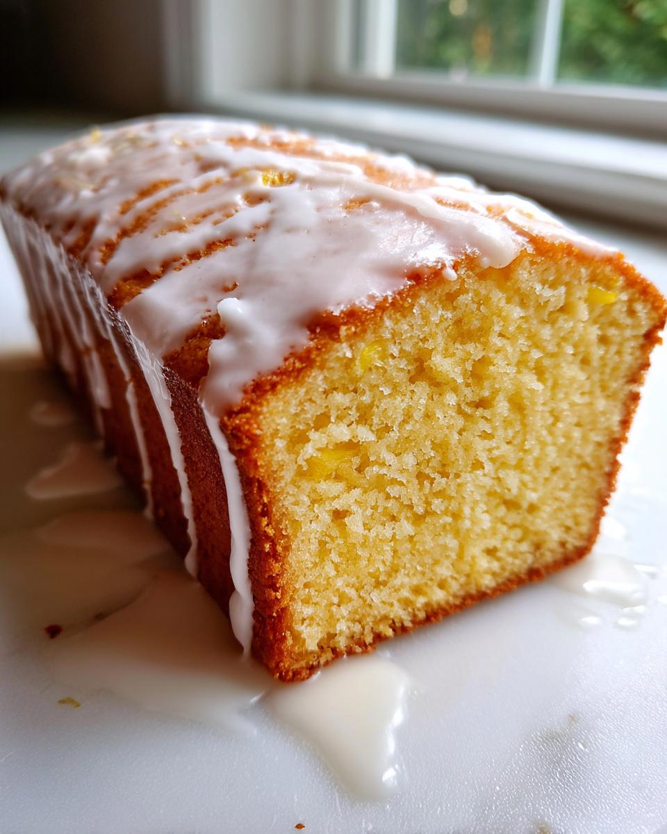 Close-up of a moist lemon loaf cake drizzled generously with white lemon glaze, showing the texture of the crumb.