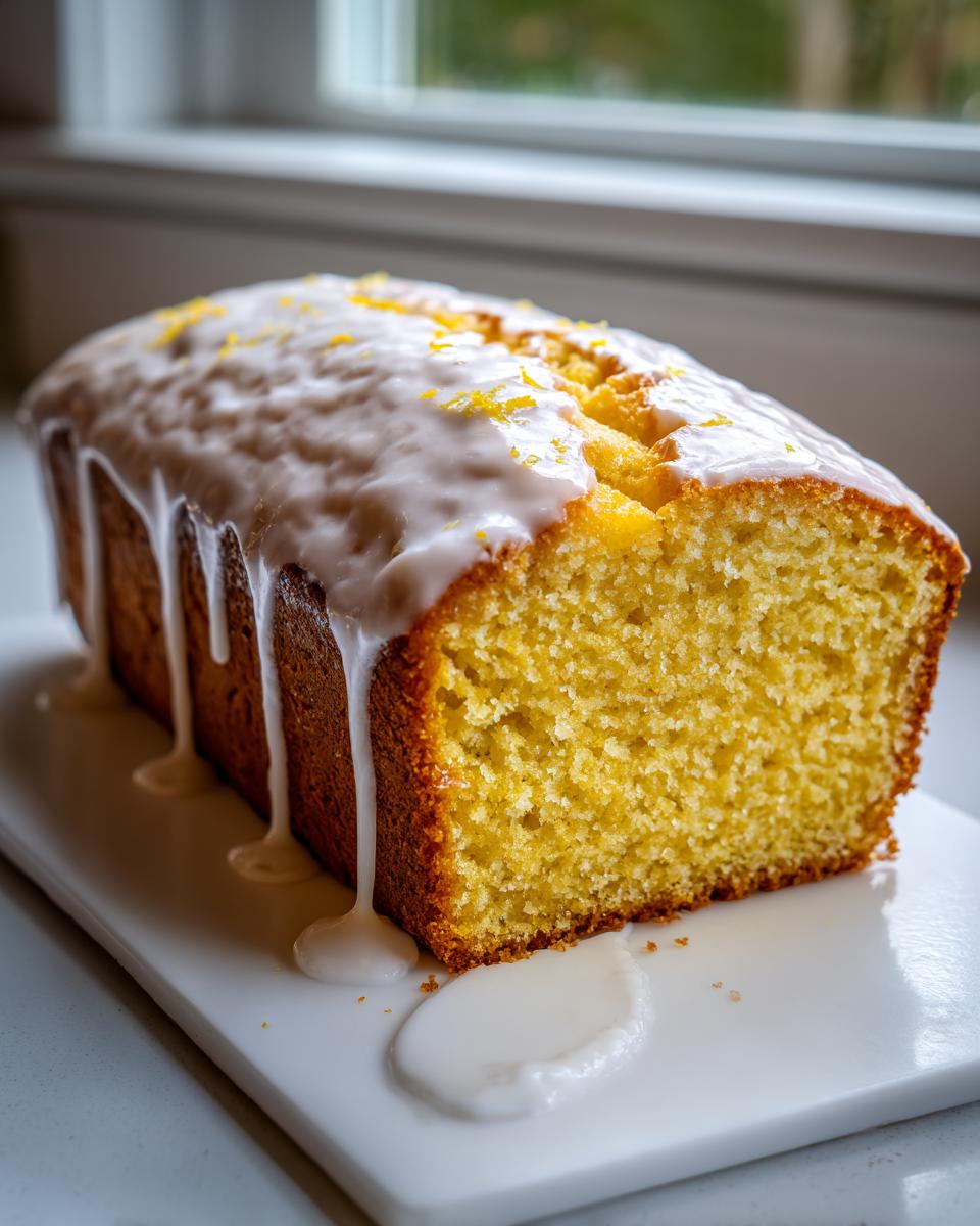 A freshly baked, moist lemon loaf with thick white glaze dripping down the sides, sprinkled with lemon zest.
