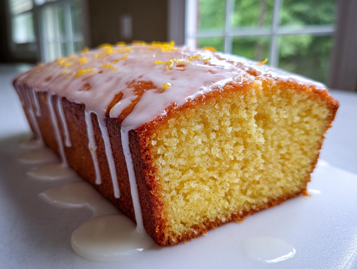 Close-up of a moist lemon loaf cake, generously topped with white glaze icing dripping down the sides and sprinkled with zest.