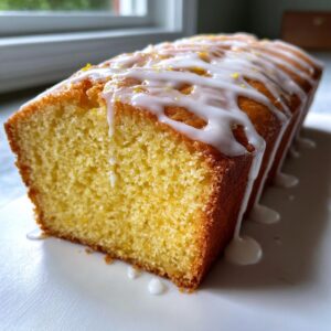 Close-up of a moist lemon loaf cake slice showing the crumb, topped with a thick white lemon glaze and zest.