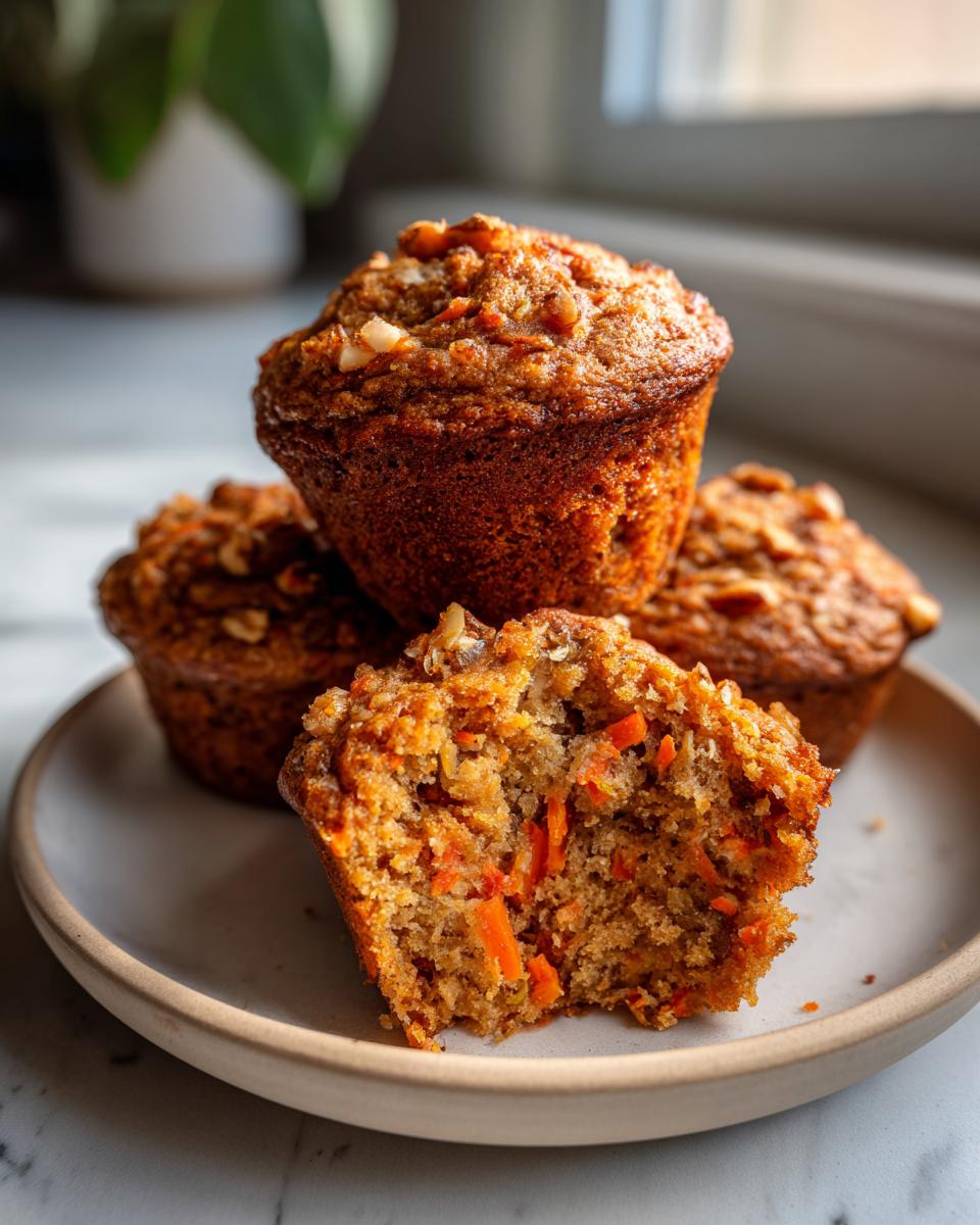 Close-up of several moist morning glory muffins stacked on a plate, one is broken open revealing shredded carrots.