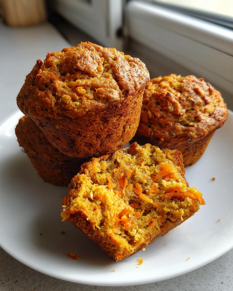 A stack of golden brown morning glory muffins, one cut in half showing moist texture and shredded carrots inside.
