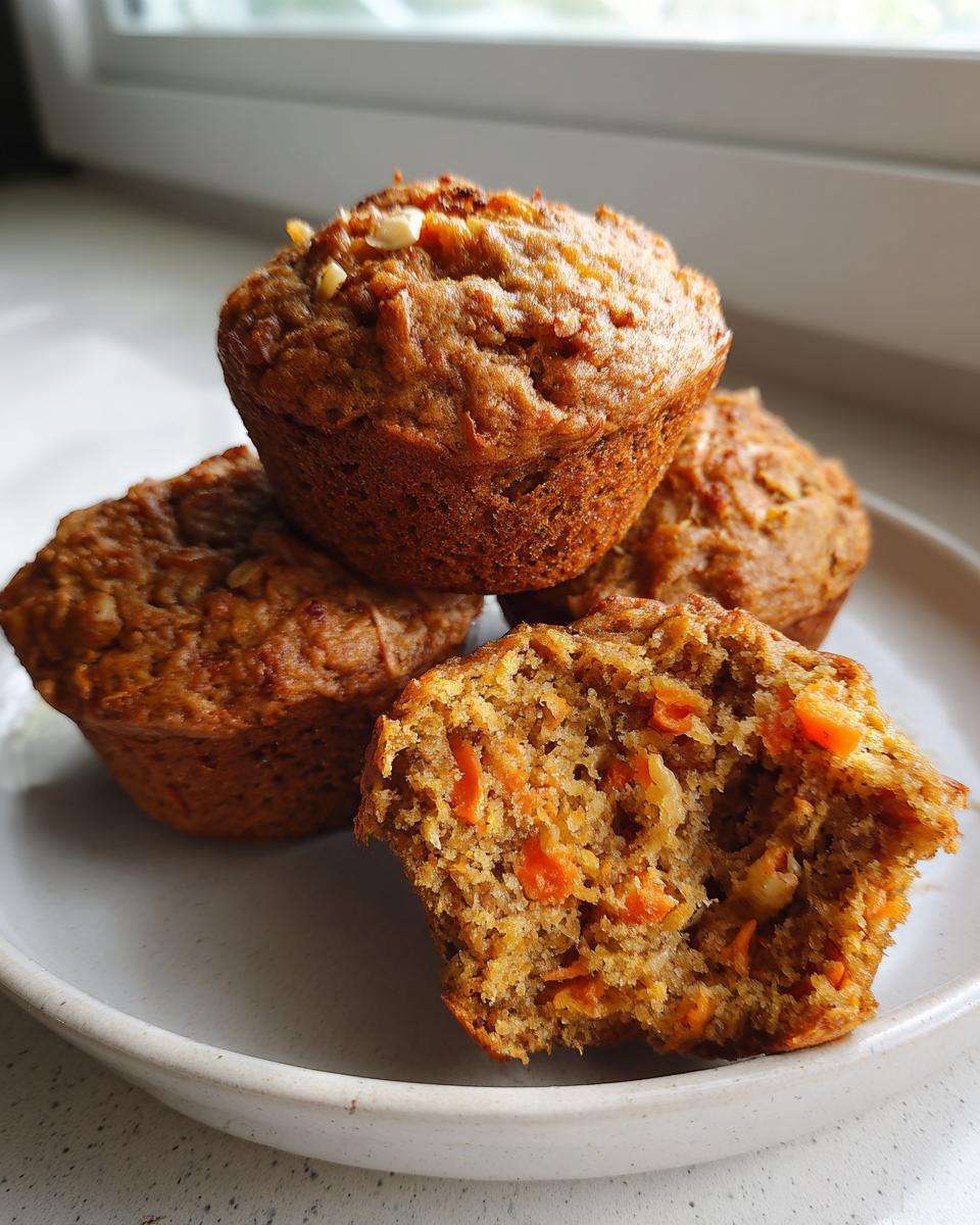 A stack of golden brown morning glory muffins, one broken open to show the moist interior with shredded carrots and nuts.